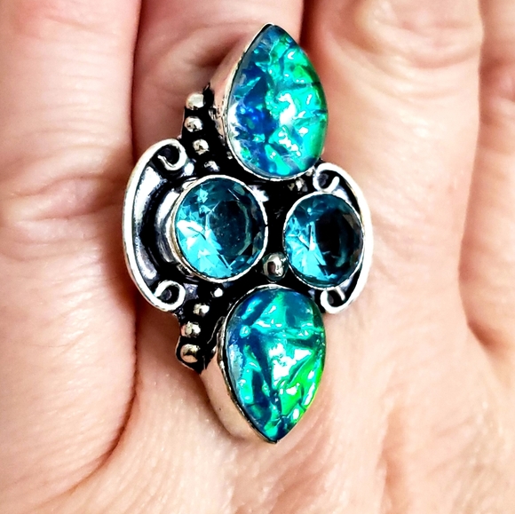 New Dichroic Glass and Blue Topaz 925 Silver Ring. - Picture 6 of 8